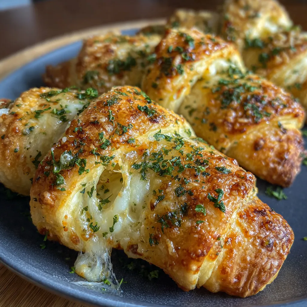 A serving platter of warm rollups with a bowl of marinara sauce for dipping