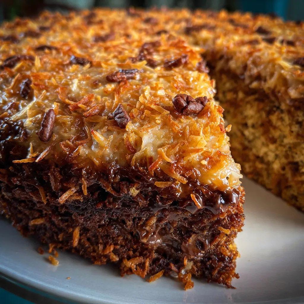 Overhead view of the finished cake on a stand with a drizzle of caramel sauce