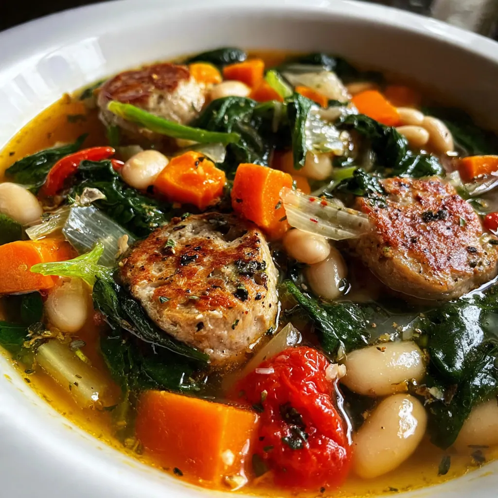 Close-up of creamy cannellini beans and savory sausage chunks in rich broth