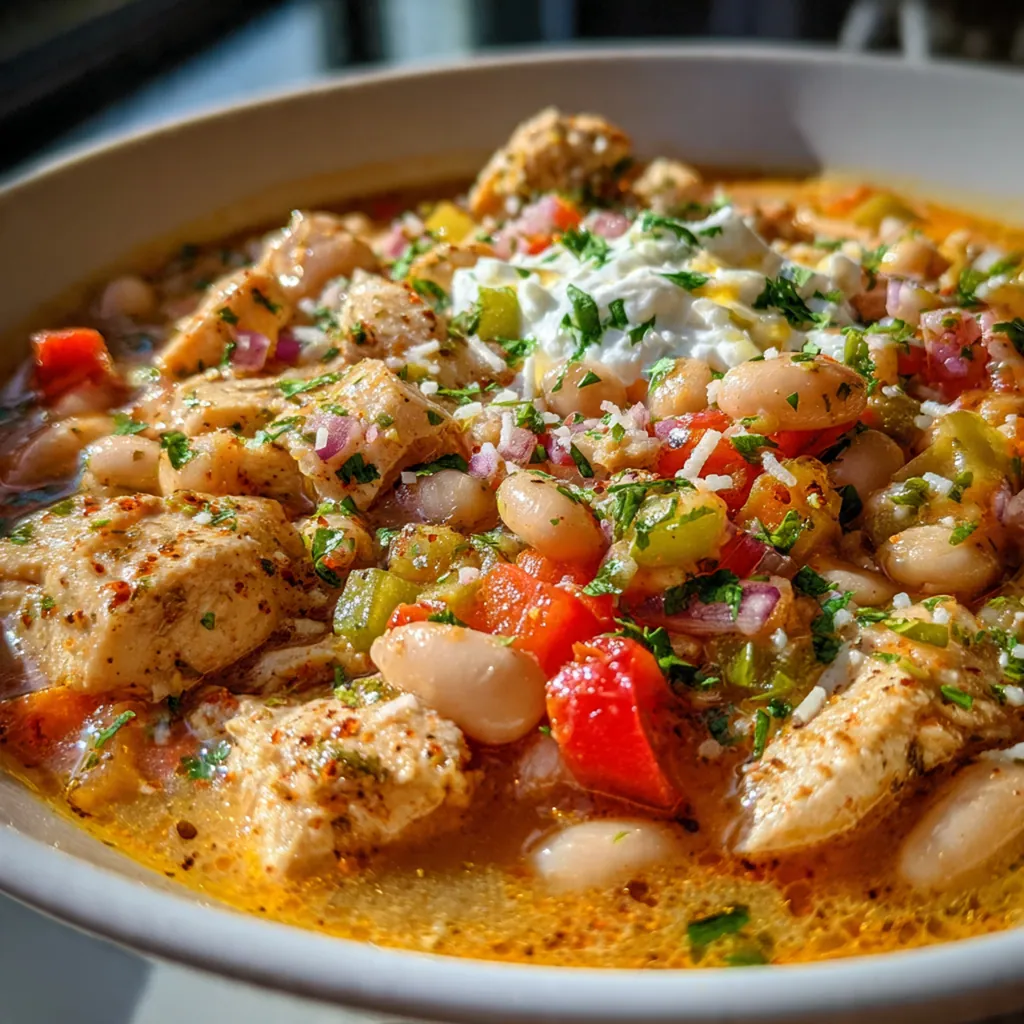 Close-up of a bowl of chili topped with melted Monterey Jack cheese and fresh cilantro