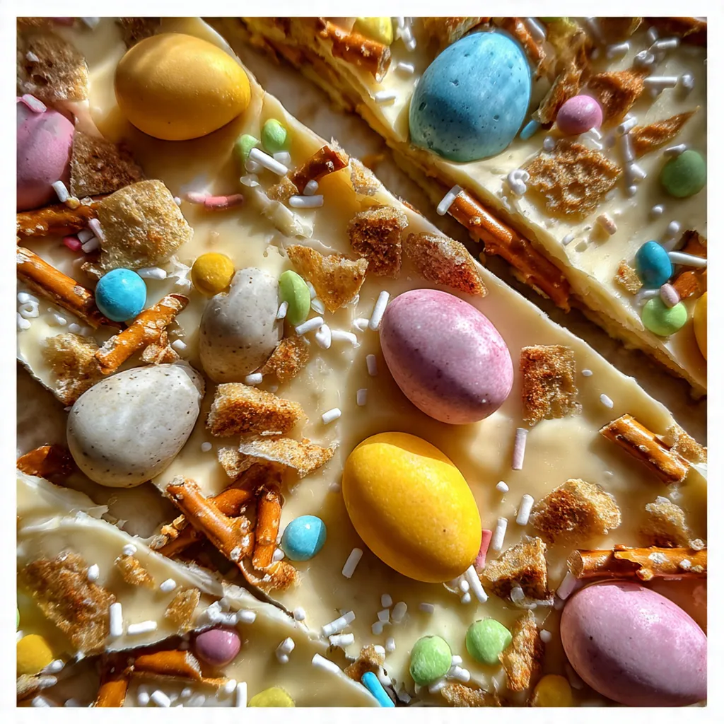 Homemade robin egg bark on a marble slab with fresh flowers and ribbon for spring gift packaging