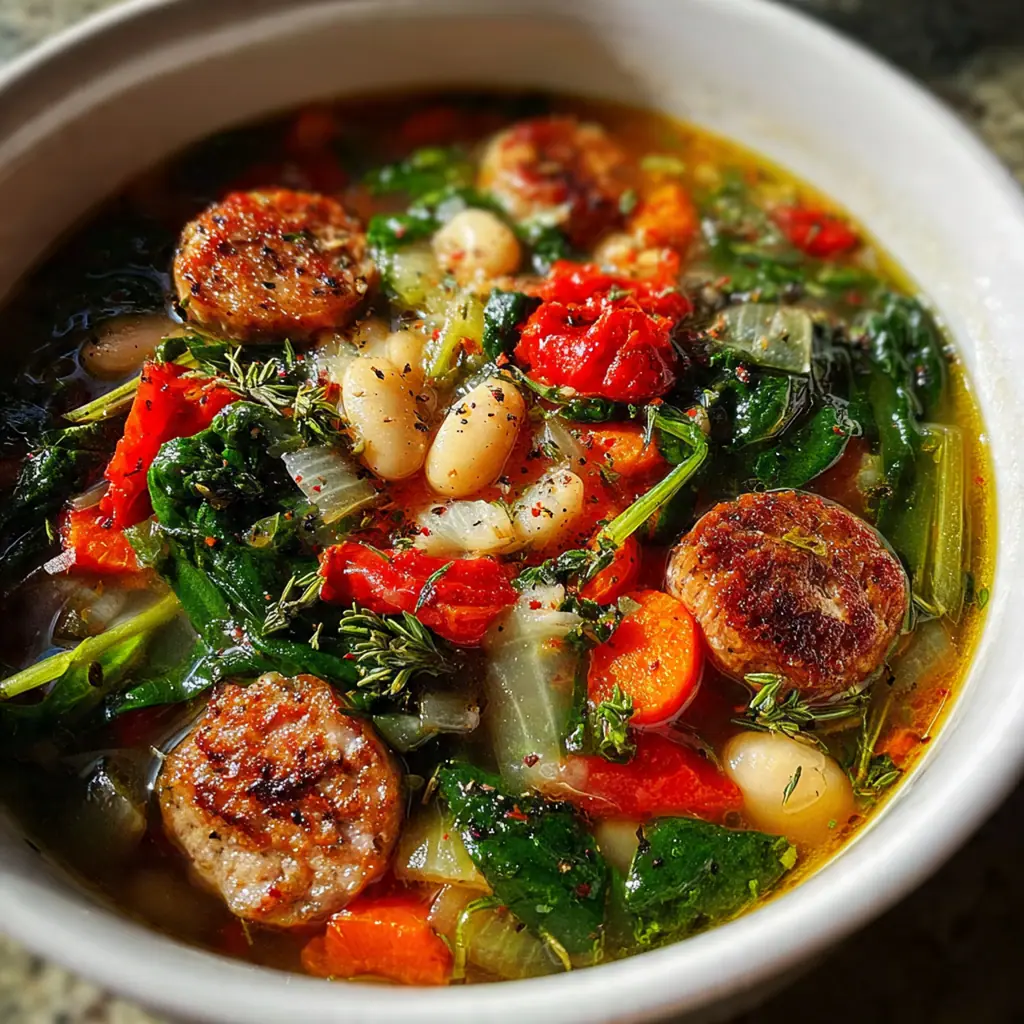 One-pot chicken sausage bean soup ready to serve with crusty bread on the side