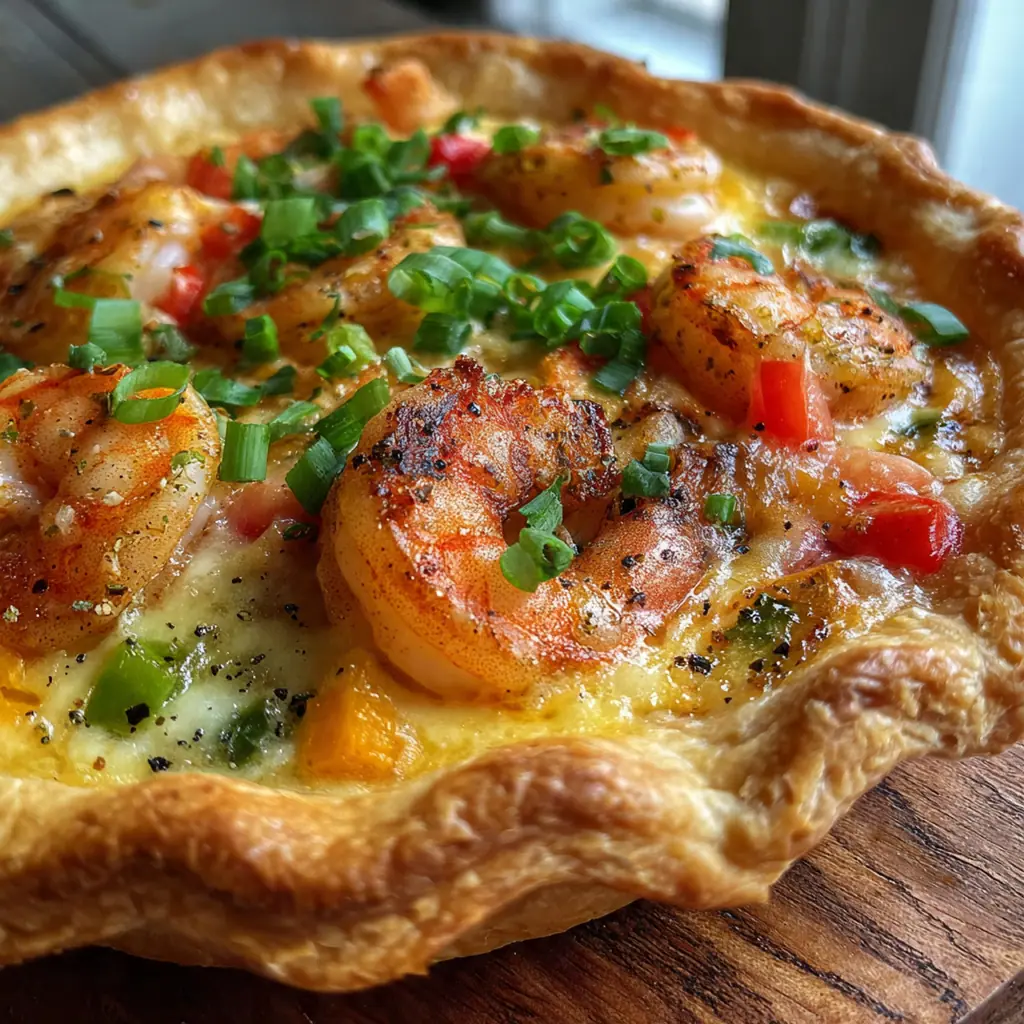Close-up of a slice showing creamy filling with pink shrimp and colorful bell peppers