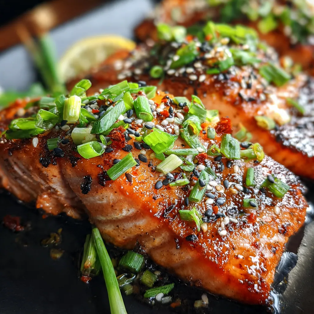 Overhead view of a complete plate with honey garlic salmon, white rice, and steamed broccoli