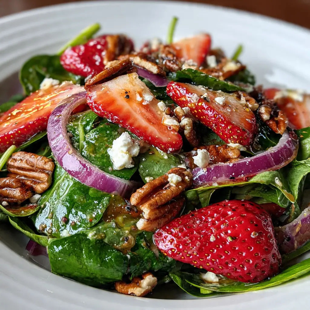 A beautiful serving bowl of strawberry spinach salad with fresh basil and red onion slices