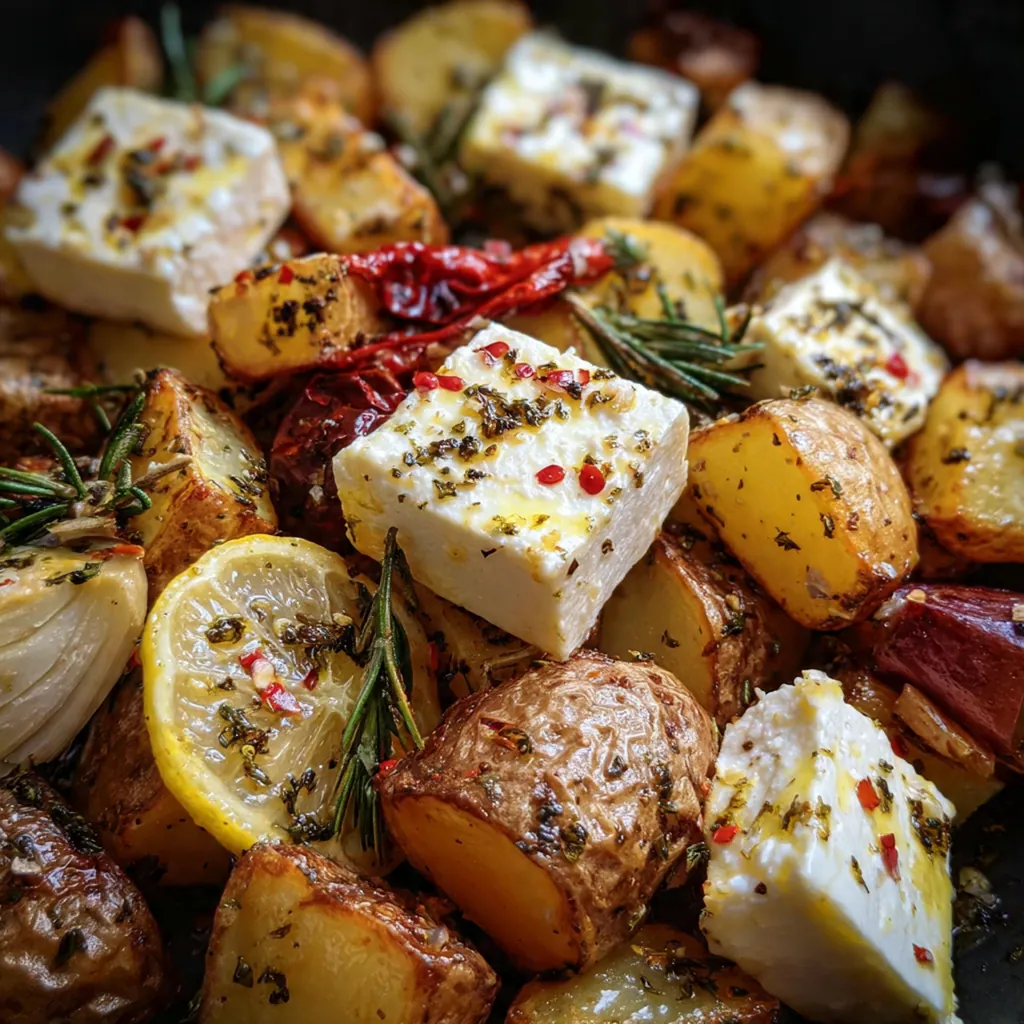 A serving bowl filled with the finished Greek roasted potatoes, feta, and vegetables garnished with fresh parsley and lemon wedges