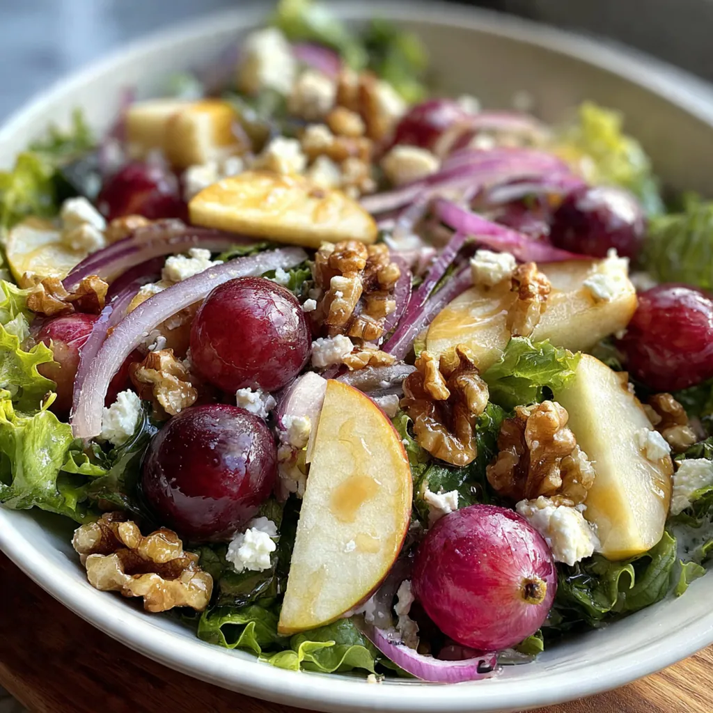 Close-up of a forkful of apple salad showing juicy red grapes, green apples, and dried cranberries