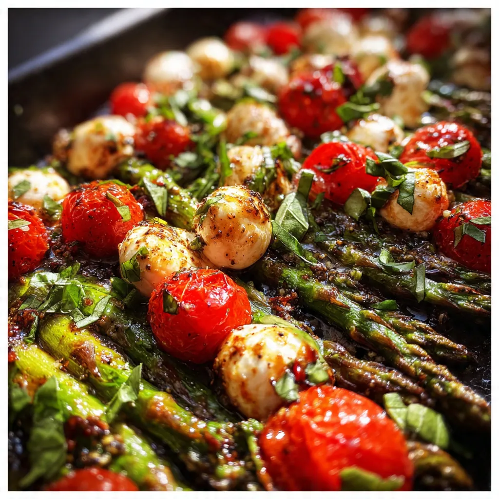 A serving of caprese asparagus bake on a white plate next to a slice of crusty bread