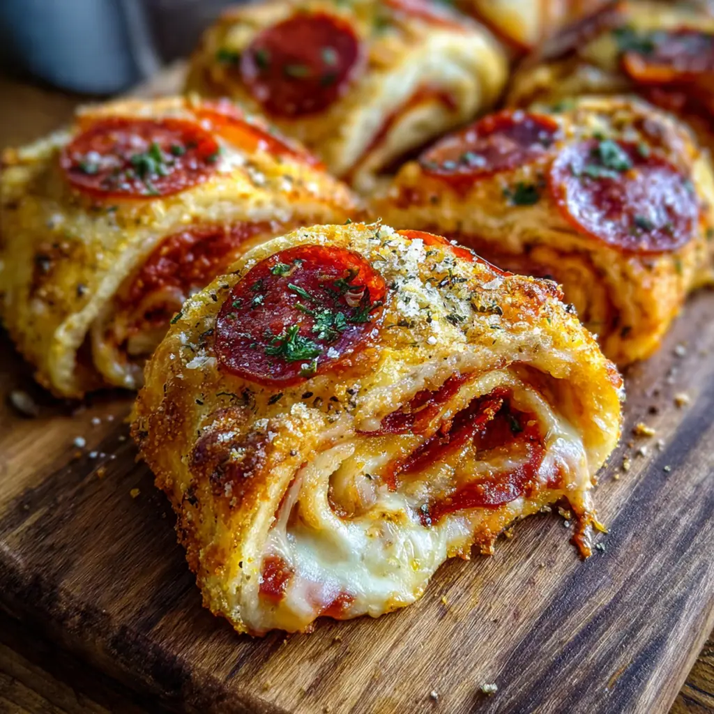Close-up of a pizza rollup showing layers of pepperoni and melted mozzarella