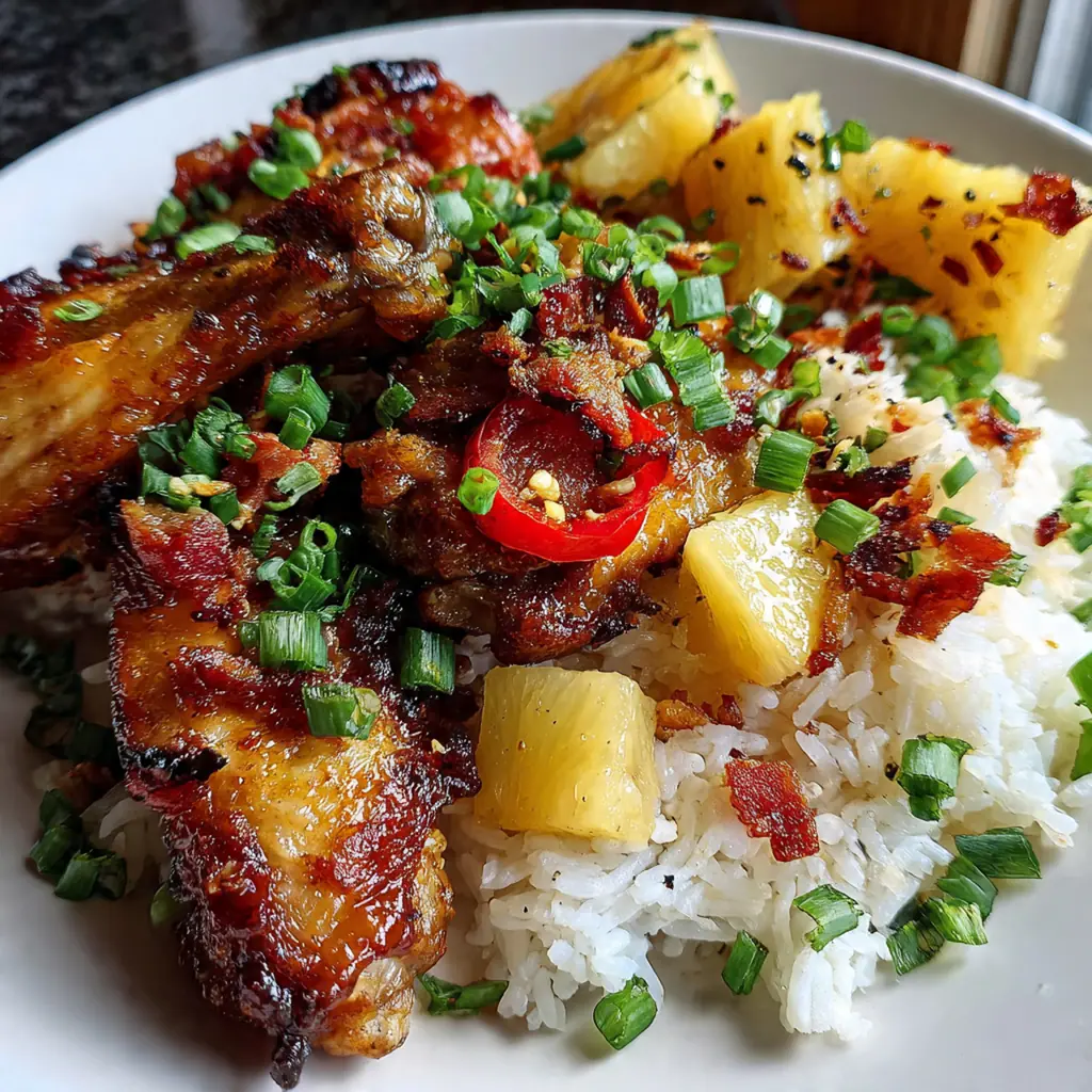 Close-up of golden wings with smoky bacon and bright pineapple pieces in the rice