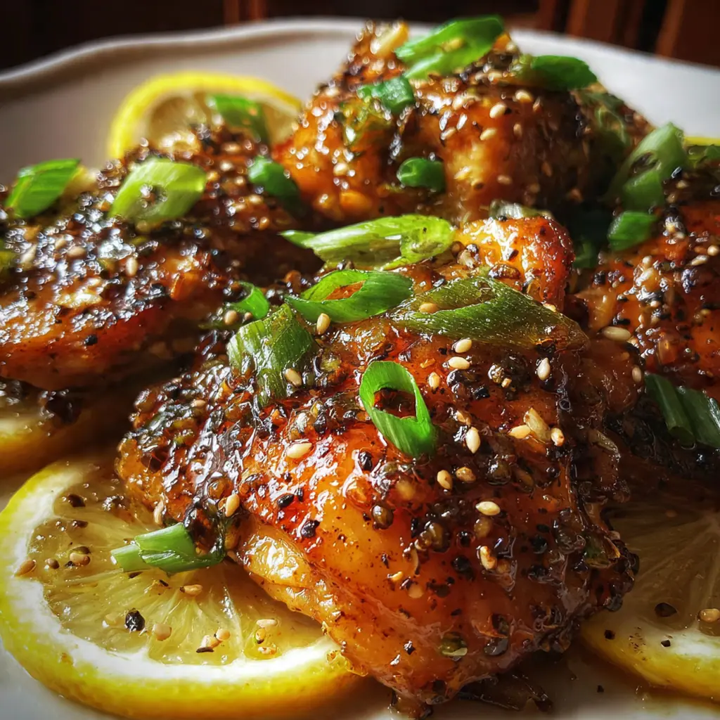 A close-up of tender chicken pieces coated in a bright, amber-colored honey lemon sauce