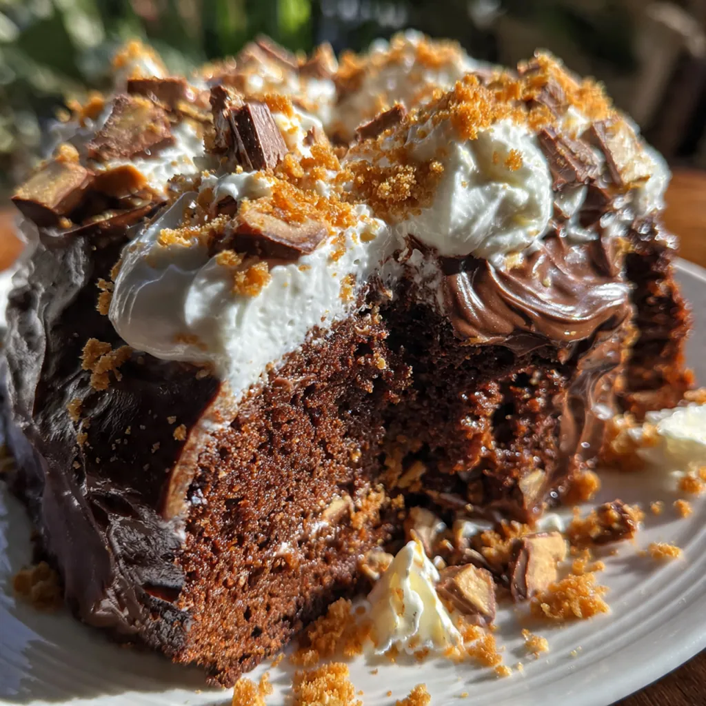 Close-up slice of the cake showing four distinct layers of chocolate cake and peanut butter filling