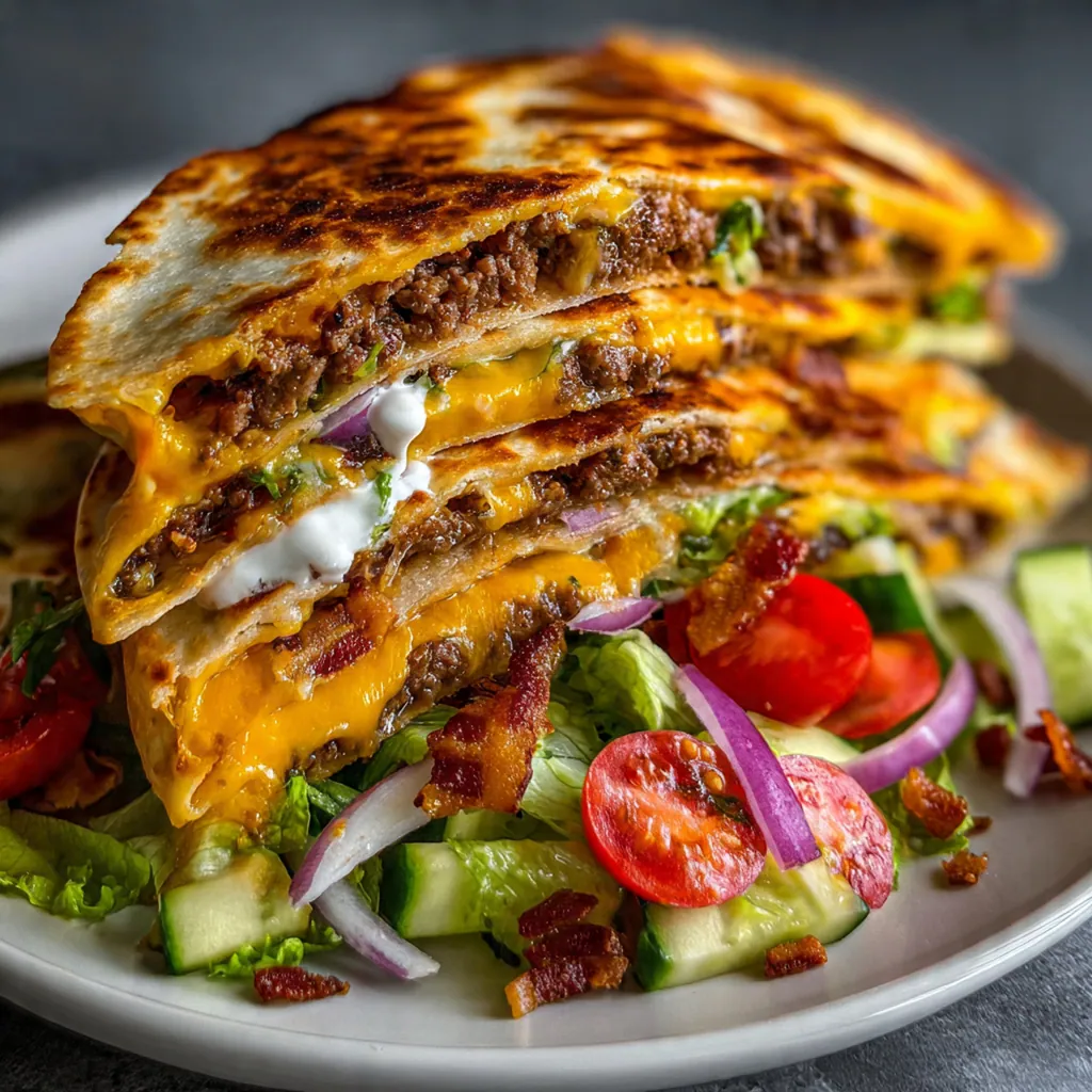 Close-up shot of a cheeseburger quesadilla wedge being pulled apart, revealing melted cheddar and seasoned ground beef inside.