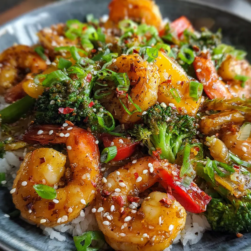 Colorful ingredients for honey garlic shrimp stirfry arranged neatly on a wooden countertop