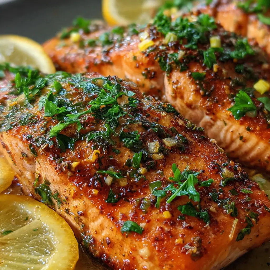 Plated copycat salmon with a side of green beans and lemon wedges.