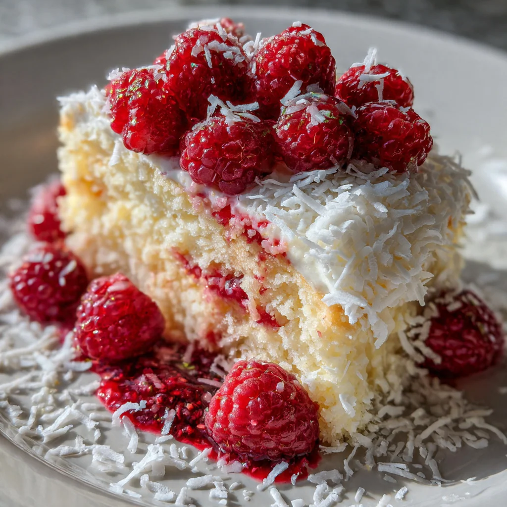 Ingredients for snowball cake including fresh raspberries, coconut milk, and shredded coconut on a rustic table