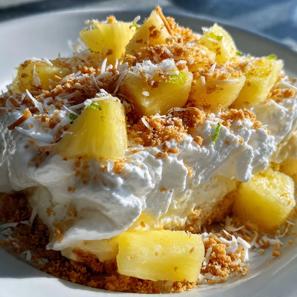 Close-up of a single square of the lush with toasted coconut flakes and a cherry on top