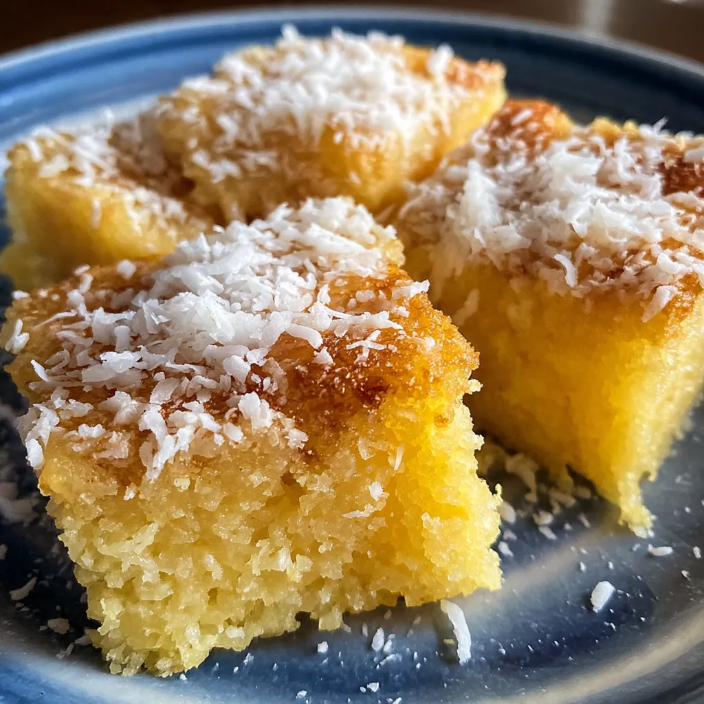 Freshly baked Hawaiian butter mochi in a 9x13 pan with golden crust and pulled-away edges