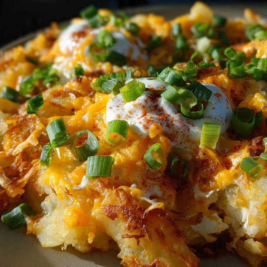 Close-up of a serving spoon lifting a portion of the casserole, showing the tender shredded potatoes and creamy sauce