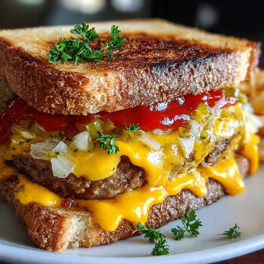 Close-up of a patty melt with the secret sauce dripping from the toasted rye bread