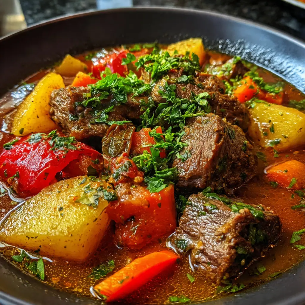 Close-up view of beef chuck and vegetables simmering in a Dutch oven, showing the deep red color of the sauce