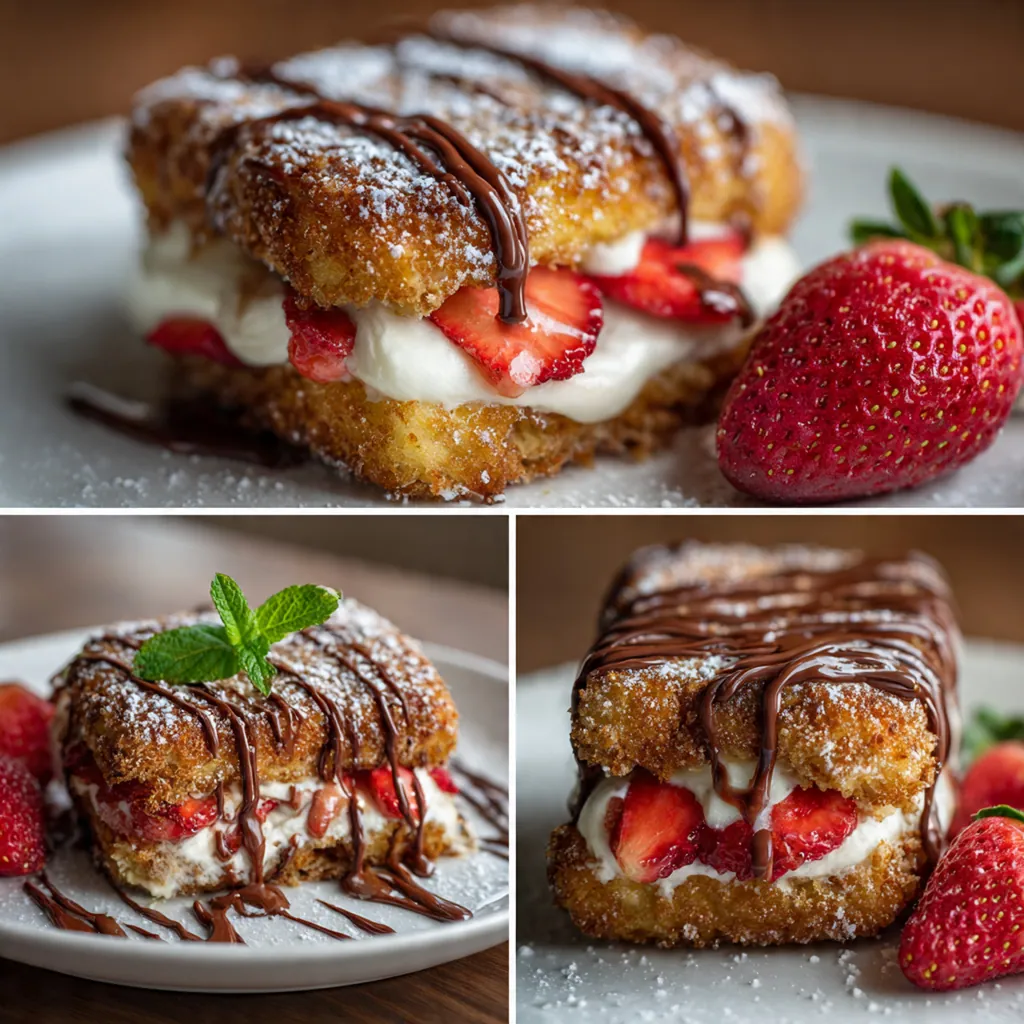 A plated dessert with a fried cheesecake sandwich, vanilla ice cream scoop, and fresh mint garnish