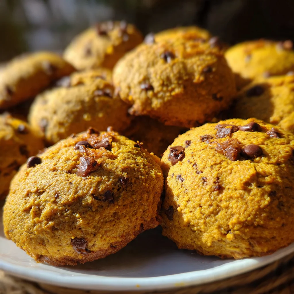 Assortment of pumpkin cookies with and without chocolate chips on a rustic wooden board