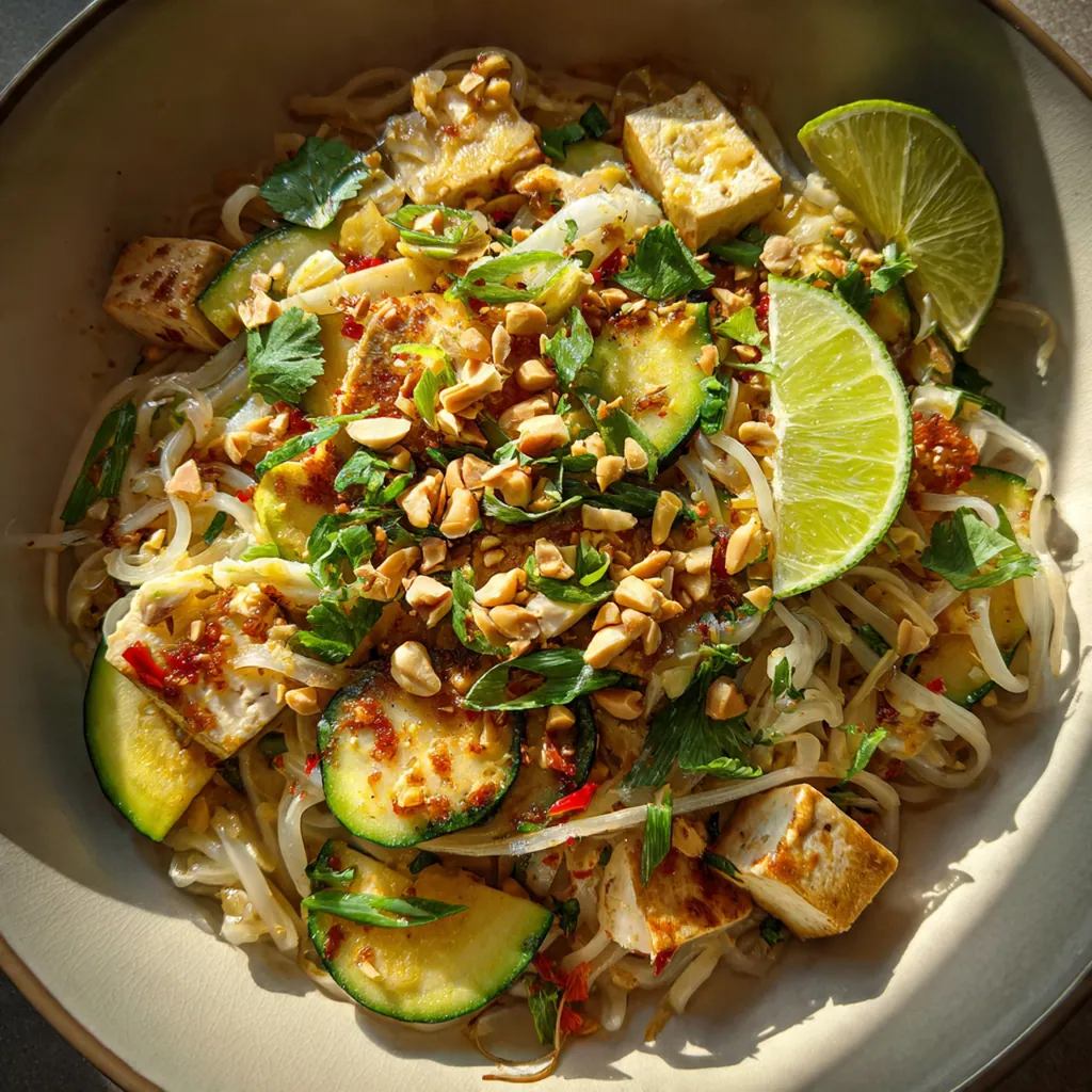 Ingredients for zucchini pad thai including fresh zucchini, bell peppers, garlic, and herbs