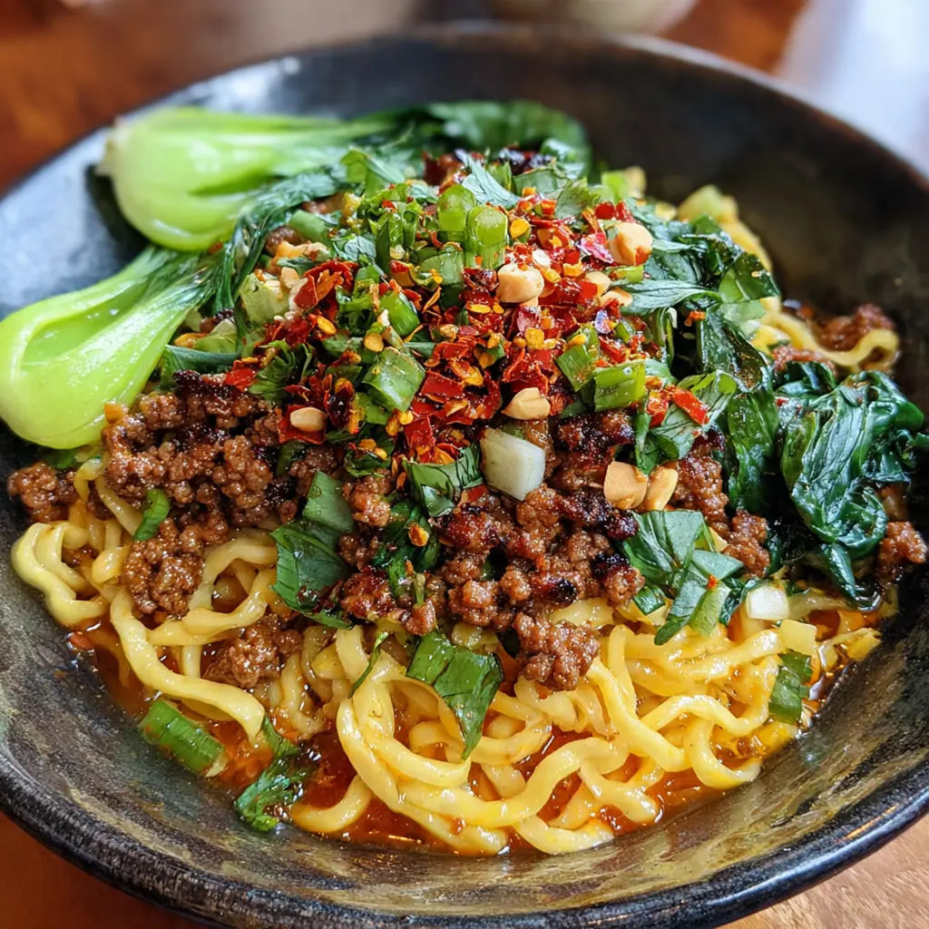 Close-up of glossy noodles coated in a rich, red chili oil and sesame sauce