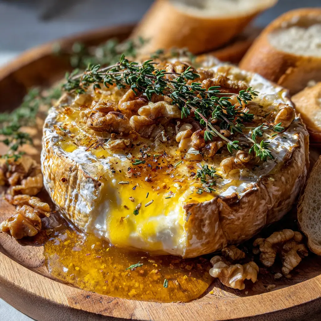 Close-up of melted Brie oozing from crisp pastry with a honey walnut topping