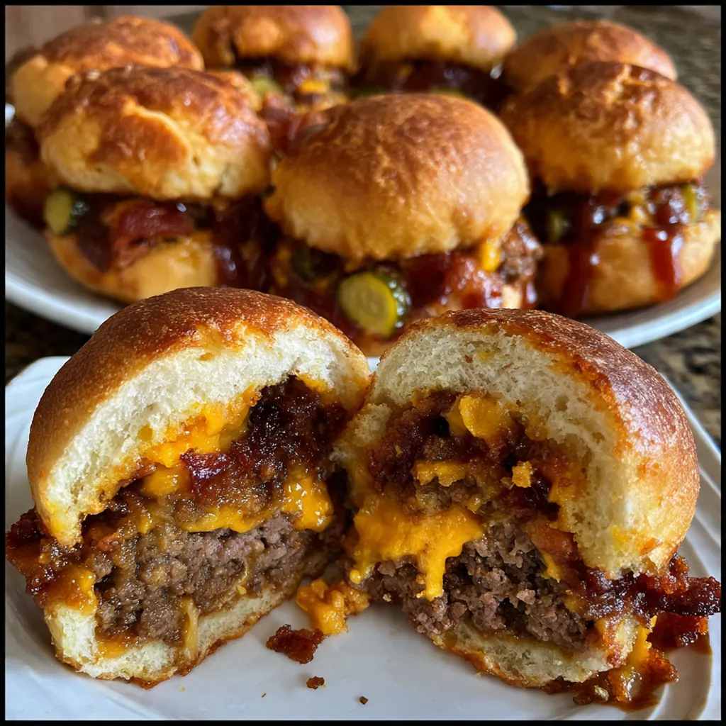 Close-up of a Cheddar Stuffed BBQ Bacon Bomb cut in half showing the molten cheddar cheese center oozing out