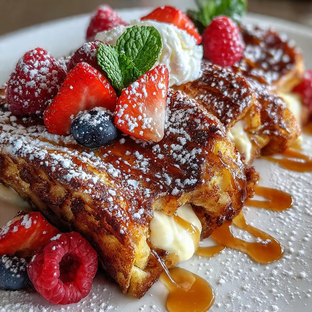 Close up shot of a plated chocolate croissant french toast topped with fresh berries and powdered sugar
