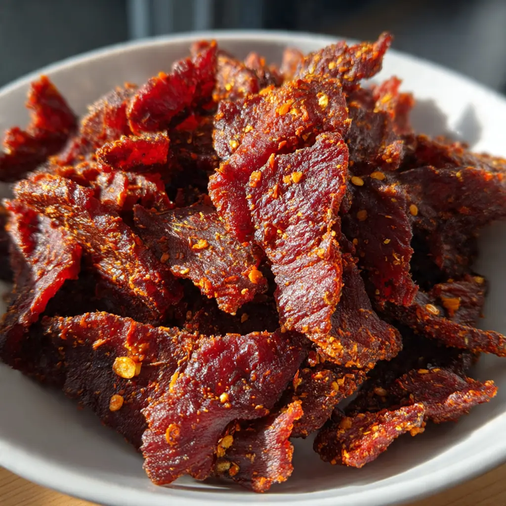 A batch of finished beef jerky cooling on a wire rack next to the air fryer