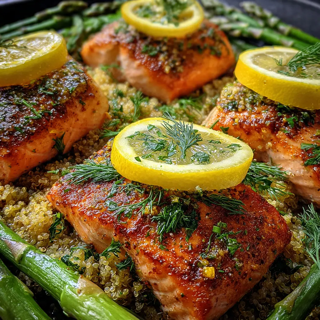 Overhead shot of salmon fillets marinating in a bright green herb and lemon mixture
