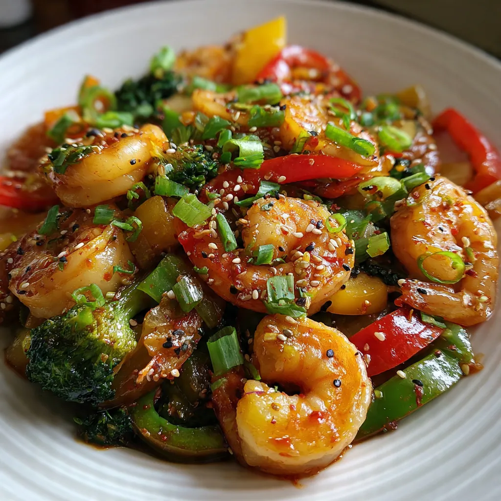 A beautiful plate of shrimp stirfry served over fluffy white rice with green onions