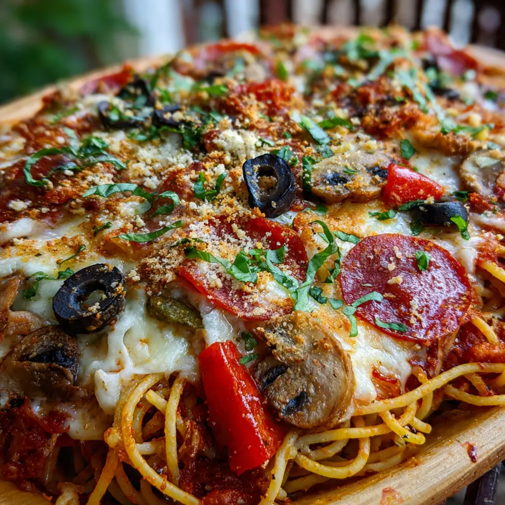 Close-up of a spoon lifting a cheesy, saucy portion with bits of sausage, peppers, and olives