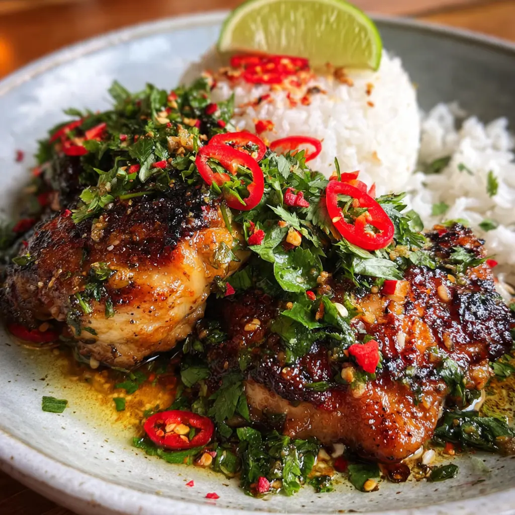 A complete dinner plate featuring grilled Thai coconut chicken with jasmine rice and cucumber salad