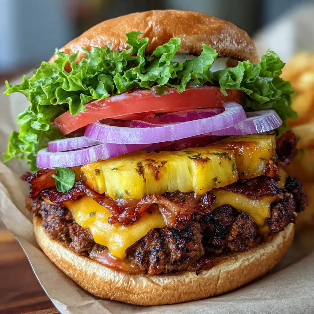 Two pineapple bacon BBQ burgers served on toasted buns with sides of coleslaw and fries