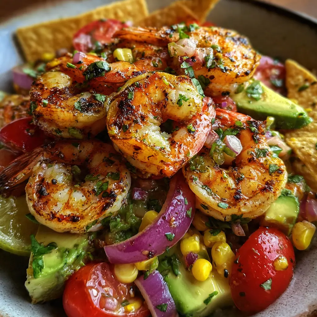 Plated grilled shrimp avocado corn salsa with lime wedges and cilantro garnish