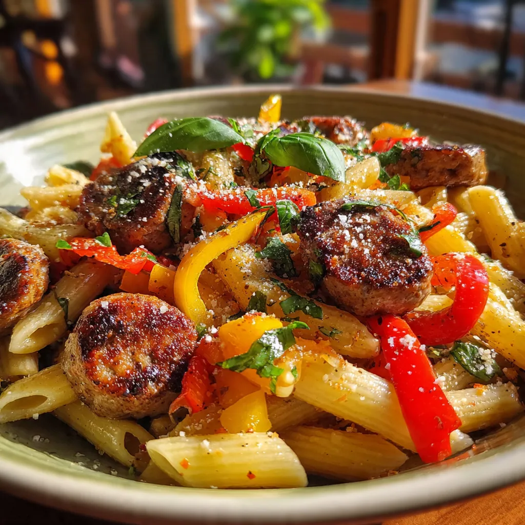 Close-up view of a fork twisting through saucy penne pasta with crumbled Italian sausage and slices of bell pepper.