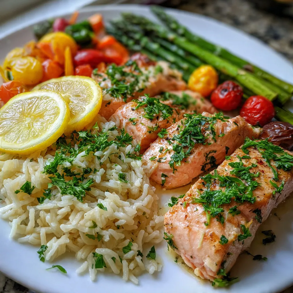 A complete lunch plate with salmon, rice, lemon slices, and toasted pine nuts