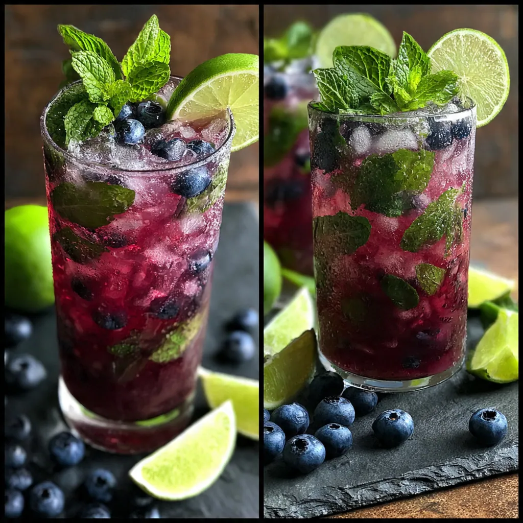 Fresh ingredients like blueberries, mint, and limes arranged on a wooden board ready for muddling