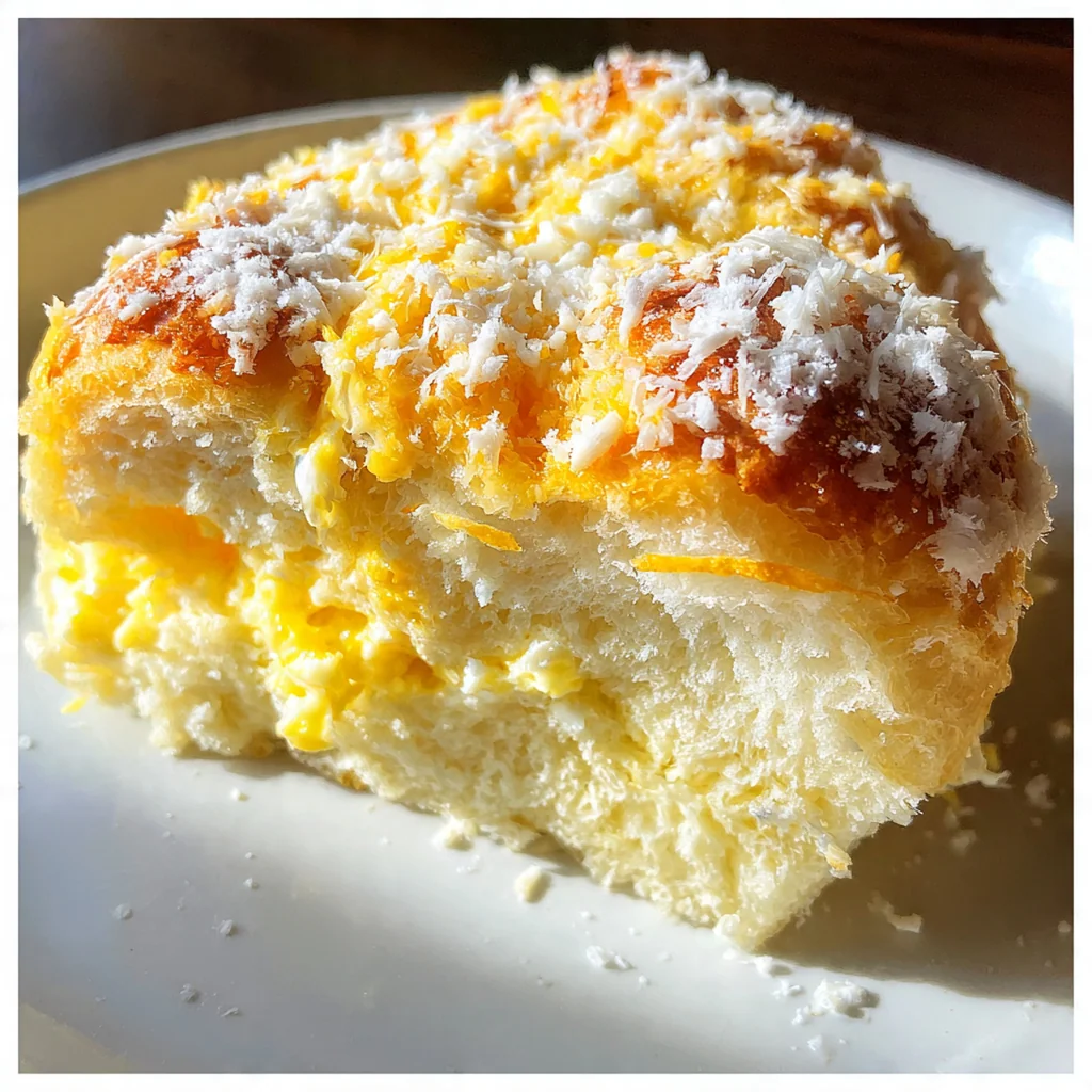 Close-up of a warm ensaymada bun brushed with melted butter and topped with sparkling sugar and grated cheese