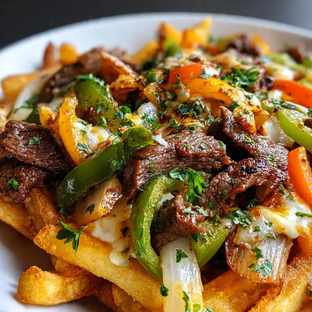 Overhead view of the assembled Philly steak cheese fries garnished with fresh parsley and pickled jalapeños