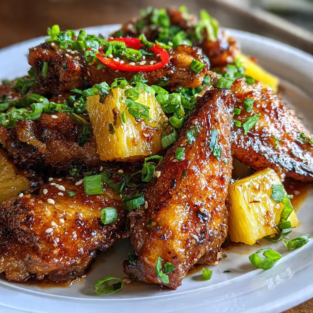 Overhead shot of golden baked wings being tossed in a saucepan of glossy pineapple ginger glaze