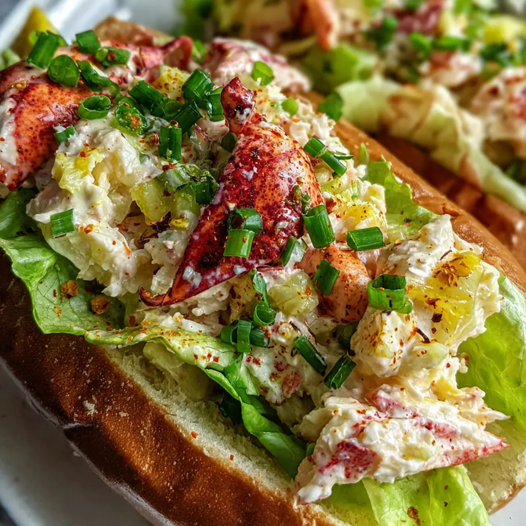 Close-up of a fresh lobster roll with creamy dressing, fresh chives, and a sprinkle of Old Bay.