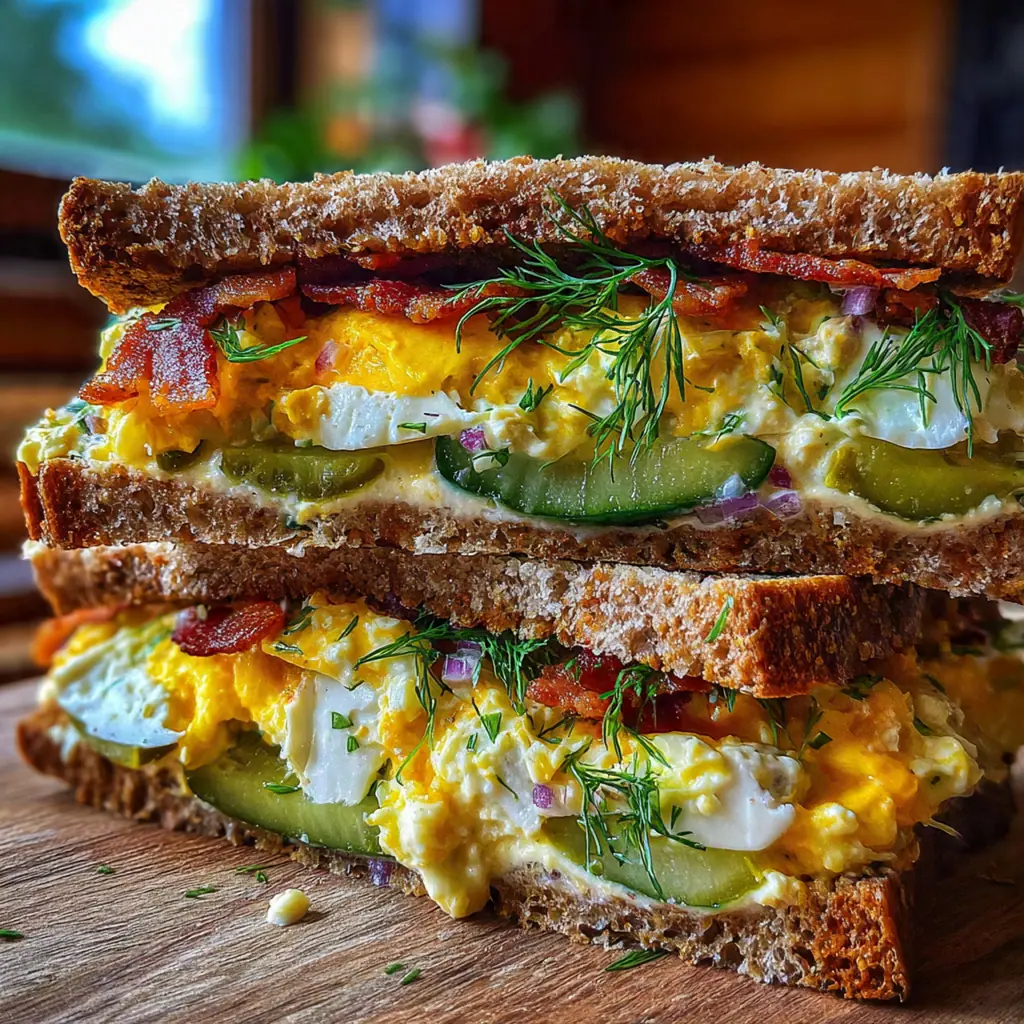 A plated sandwich with fresh dill garnish and pickle spears on the side