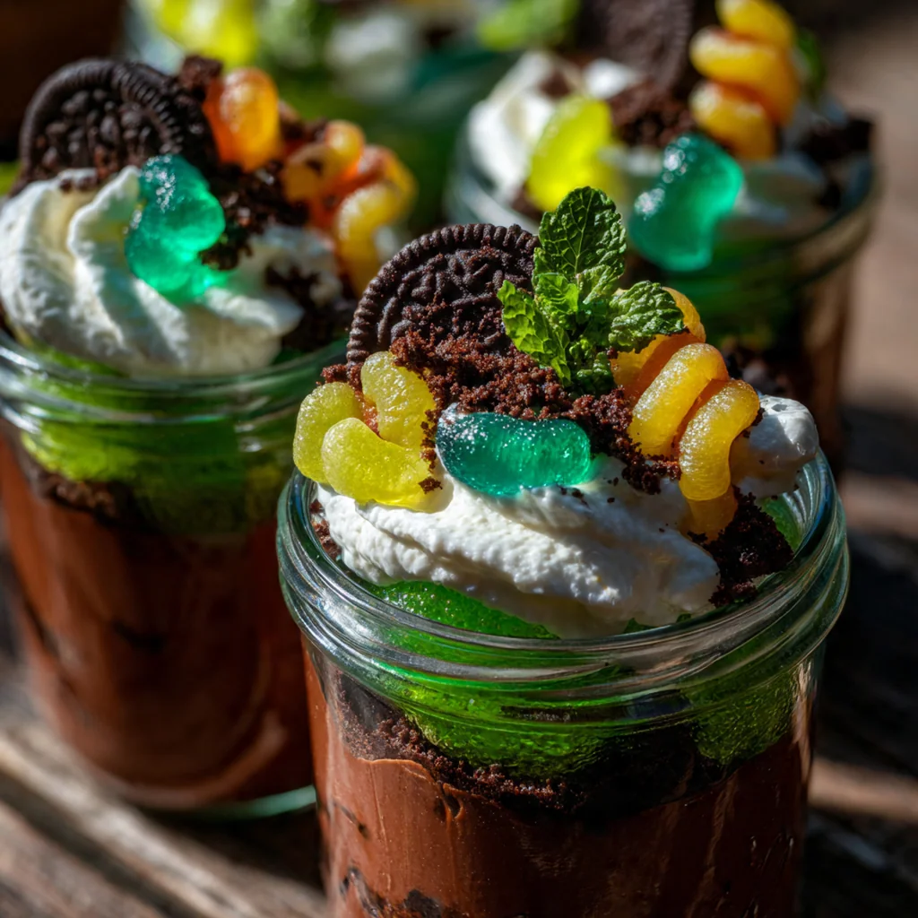 Close-up of green coconut 'grass' and pastel candy eggs nestled in a glass jar