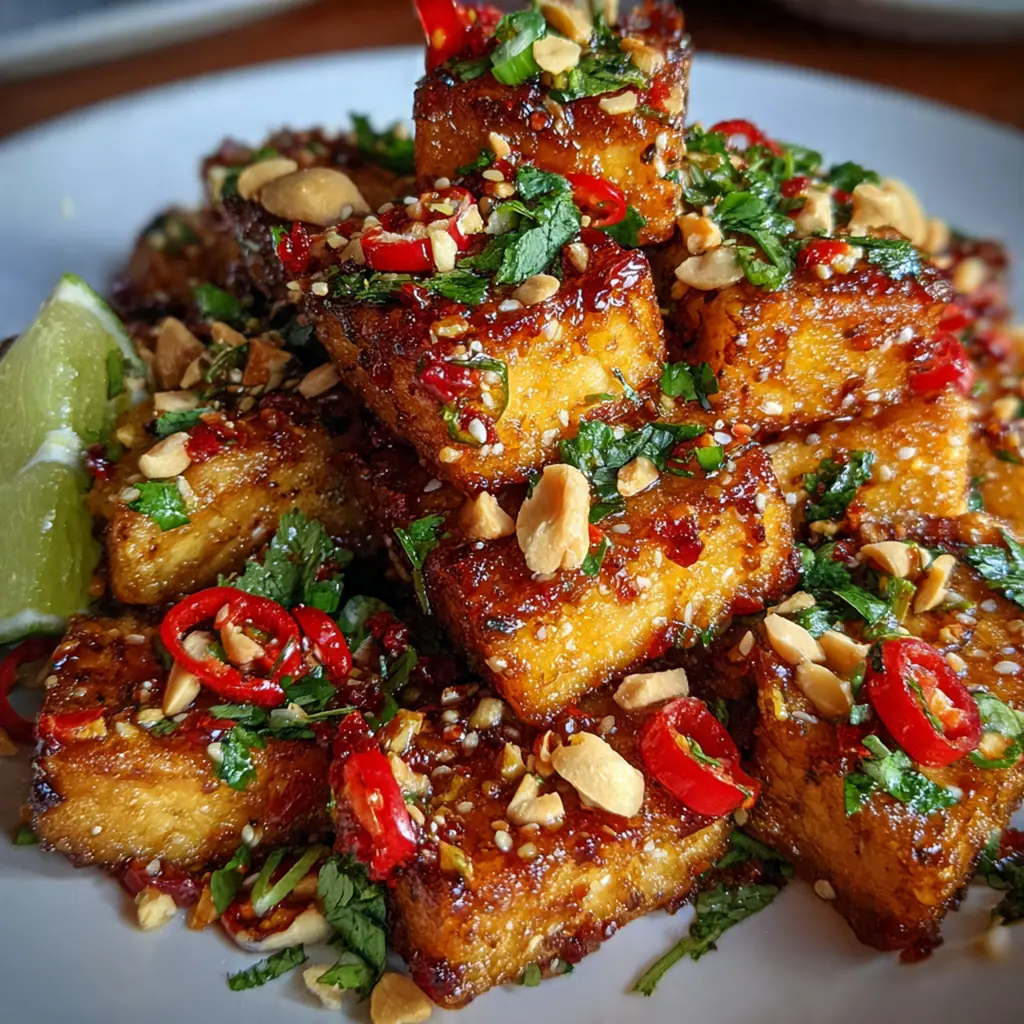 Close up view of crunchy fried tofu coated in sweet and spicy Asian glaze