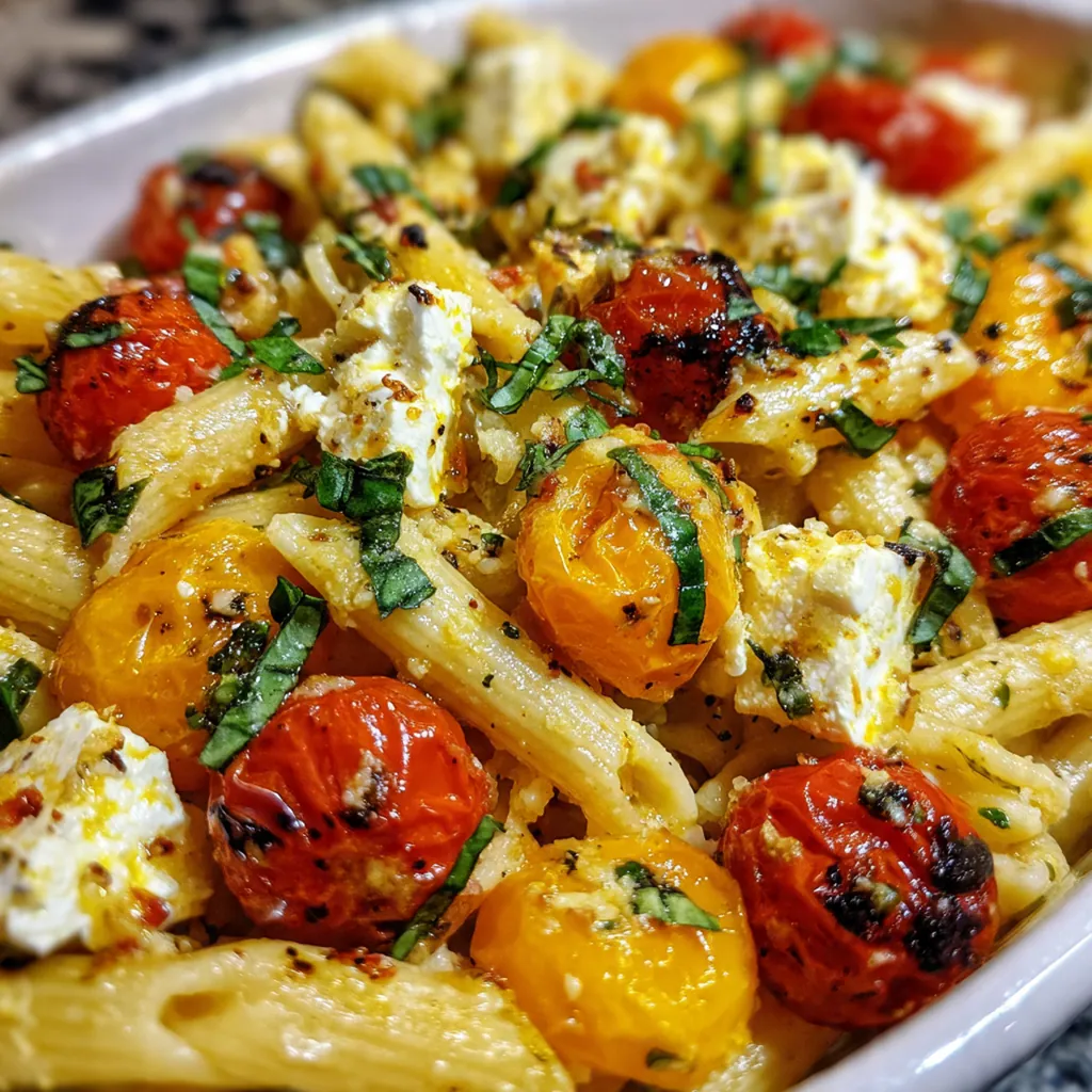 A finished plate of baked feta pasta topped with fresh basil and lemon zest, ready to serve.